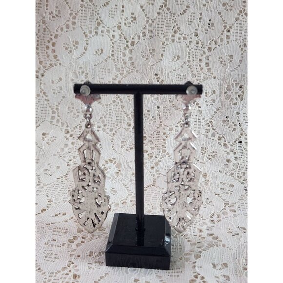 EUC Vintage Art Deco Silver-Tone Crystal Chandelier Earrings - Picture 2 of 3